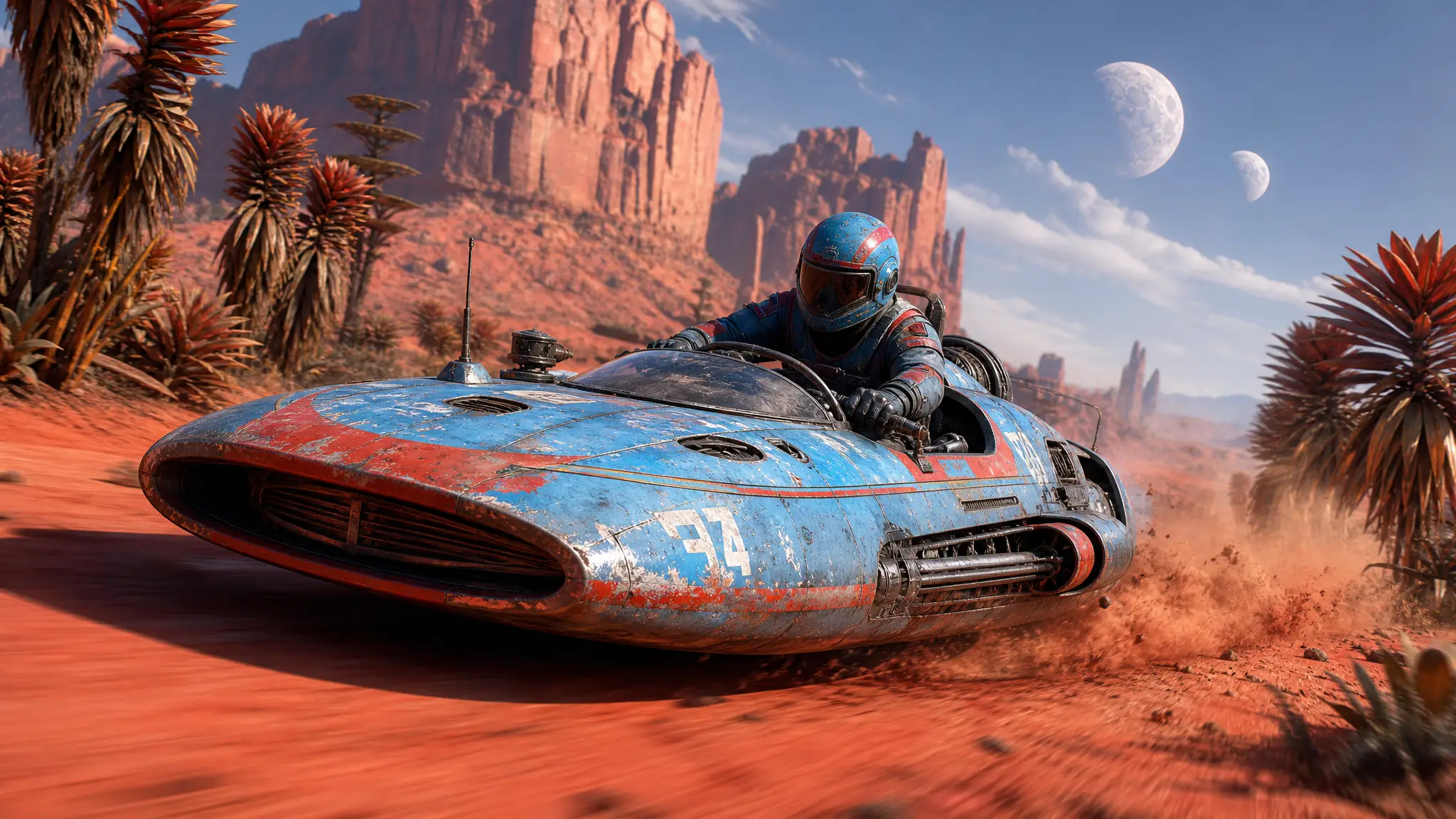 Blue land speeder racing through a dramatic alien desert