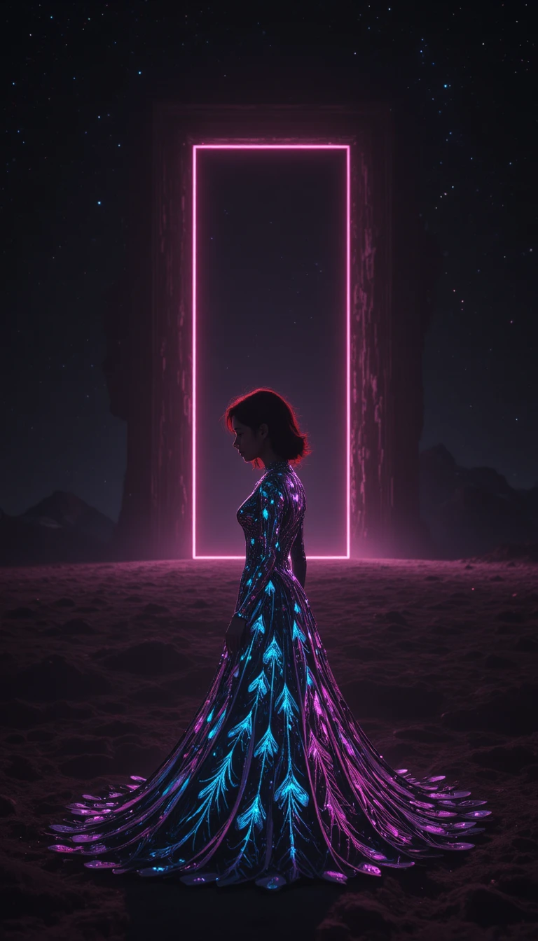 Donna coreana che veglia su una porta luminosa nel buio cosmico