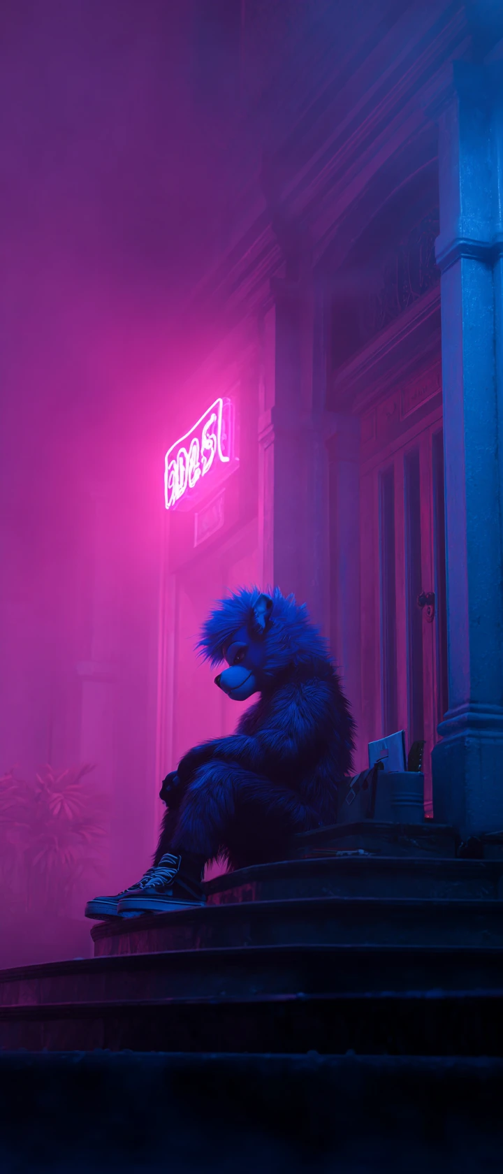 ネオンに照らされた夜のブラウンストーンの階段に座る青いファーキャラクター