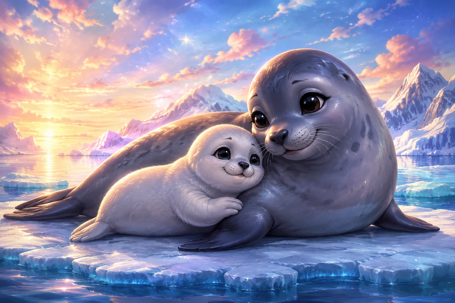 Filhote de foca em estilo Pixar abraçado à mãe no gelo
