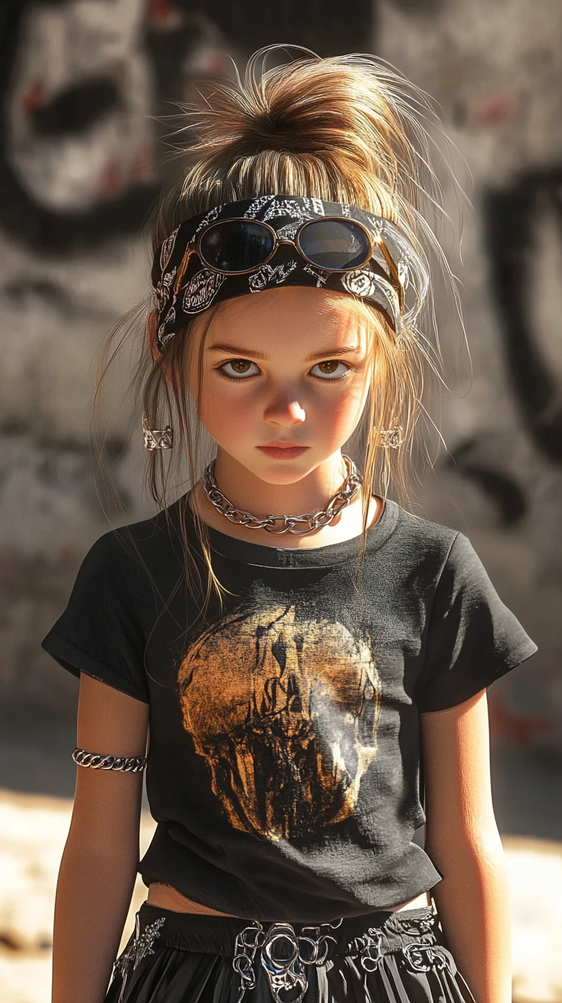 Garota punk rock de preto em frente a parede urbana desgastada