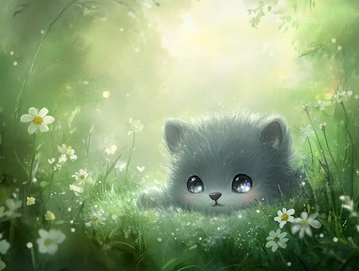Cute baby animal resting in a misty green meadow
