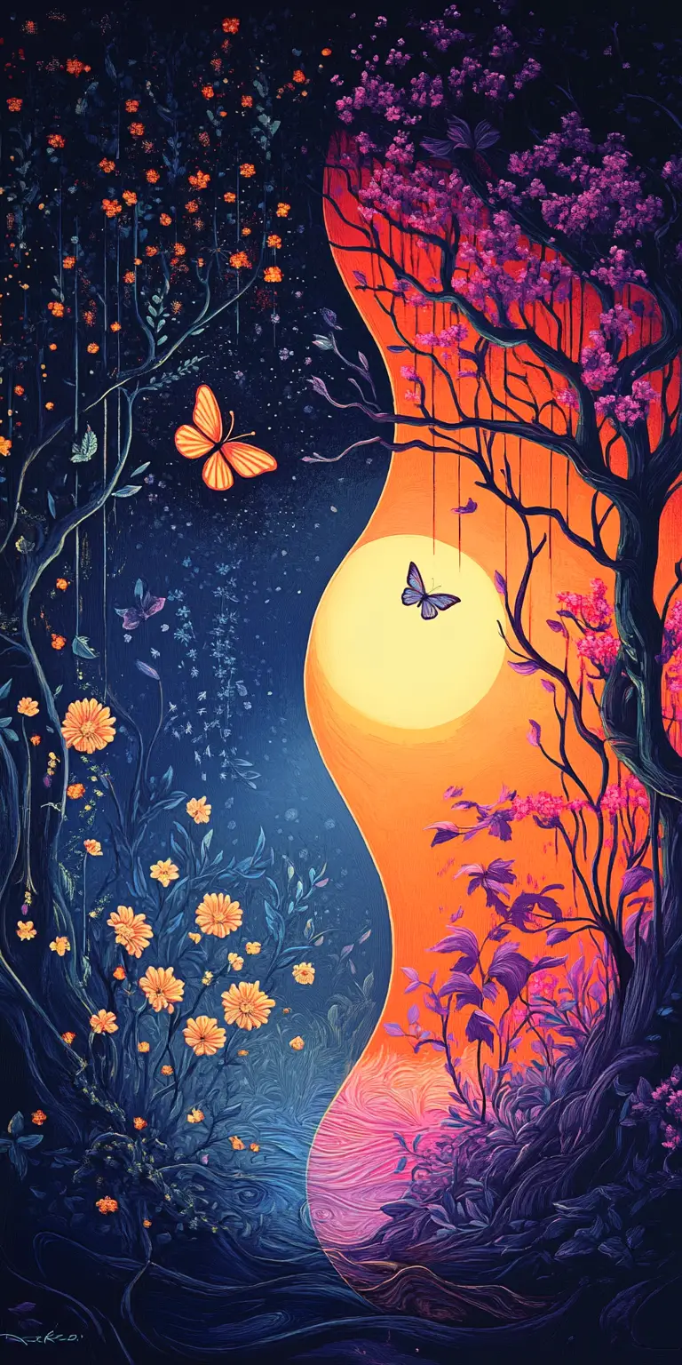 Diptyque mystique de motifs tourbillonnants et de forêt lumineuse au clair de lune
