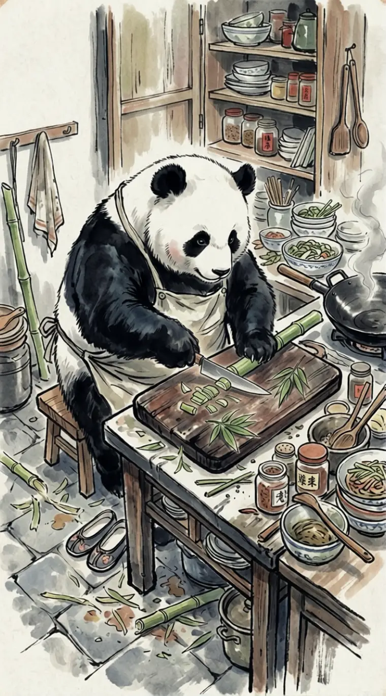 從上方俯視在凌亂廚房裡切竹子的熊貓