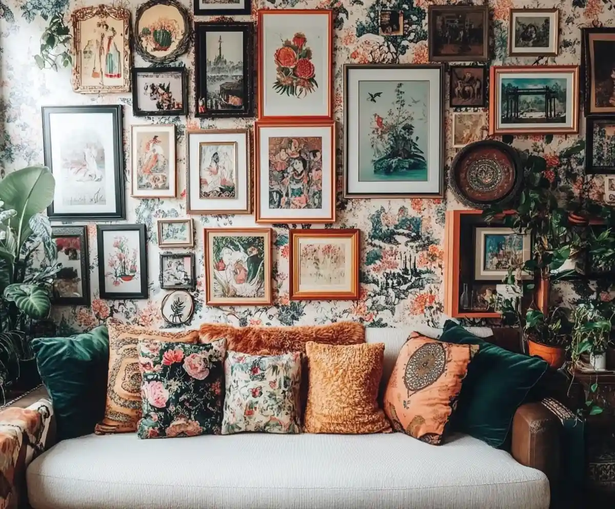 Modern chinoiserie living room with colorful gallery wall