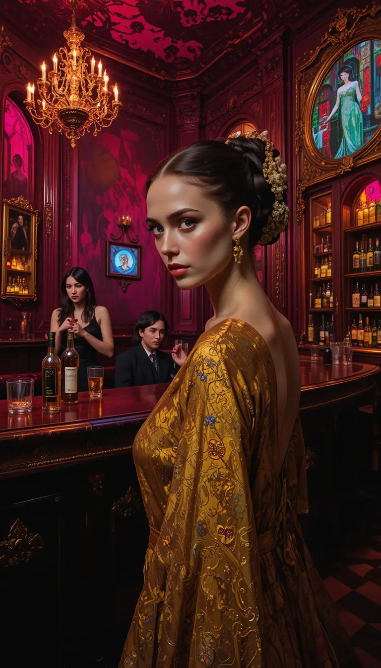 Cena de bar alienígena com uma bela garota em luz dramática