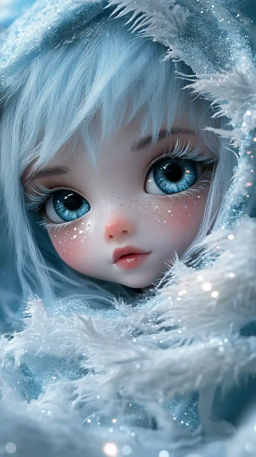 Icy blue doll girl wrapped in sparkling winter blanket