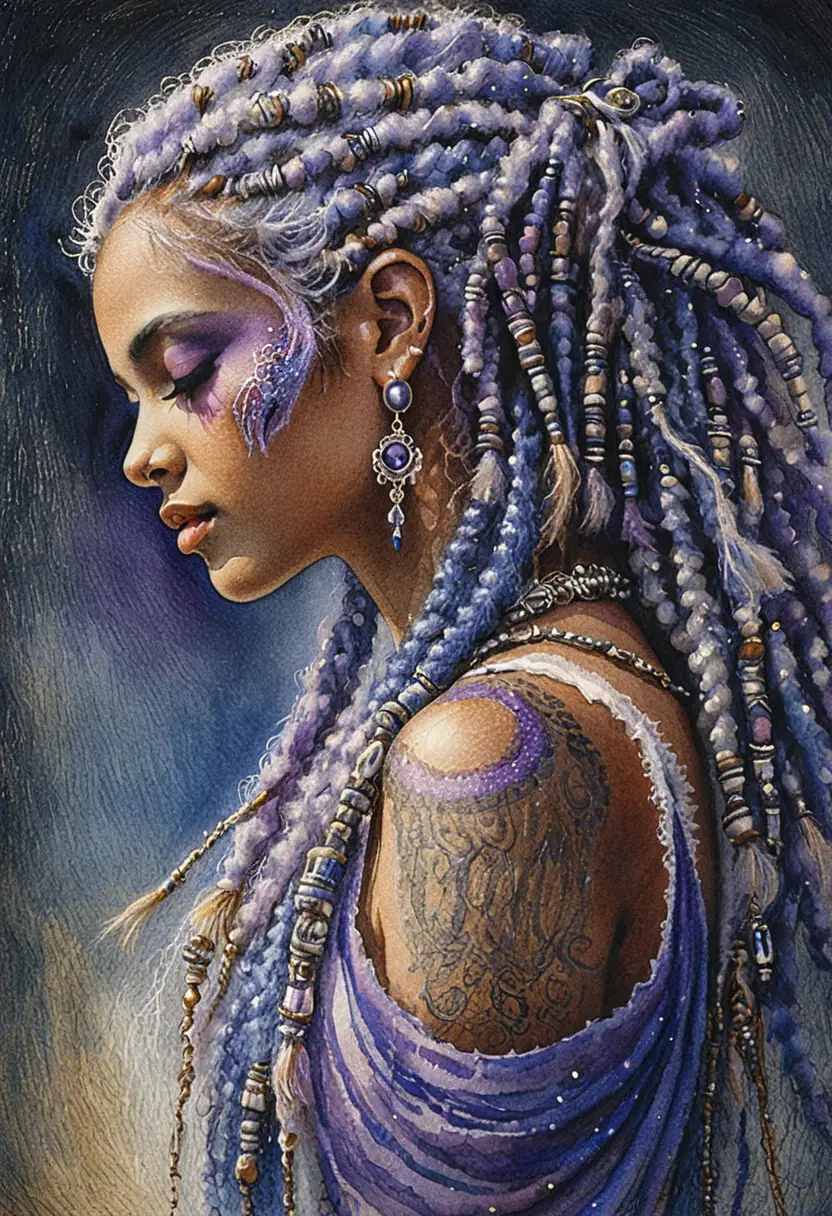 Serene woman in profile with flowing blue fantasy locs
