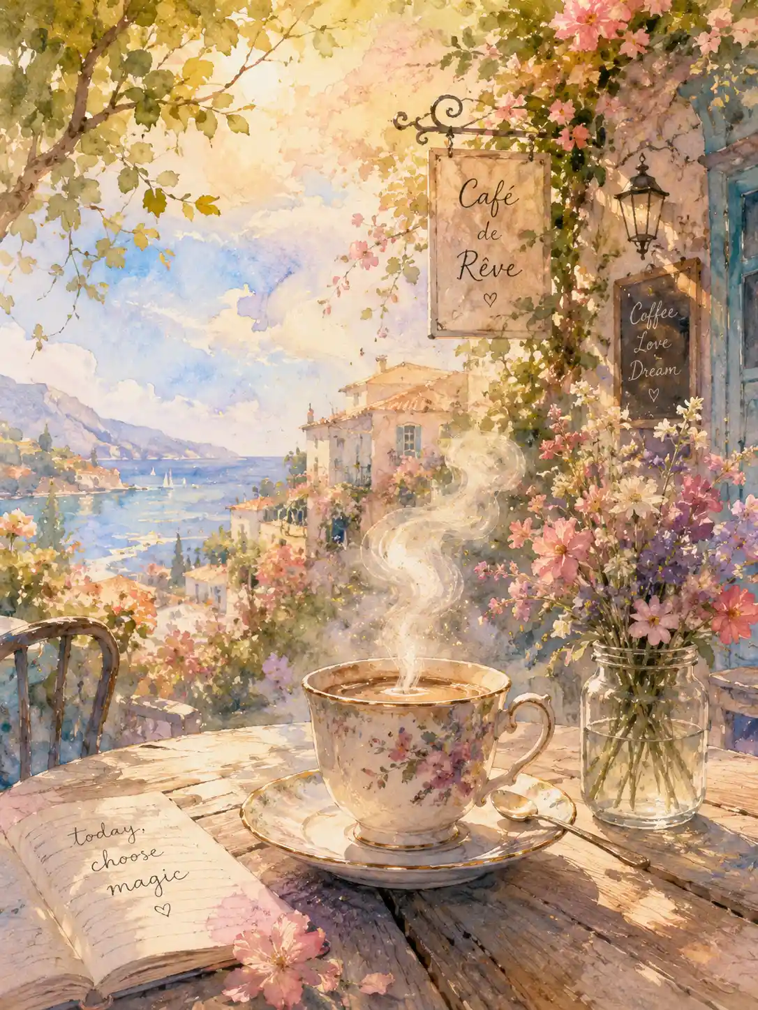 Watercolor cafe table with steaming coffee under bright sky
