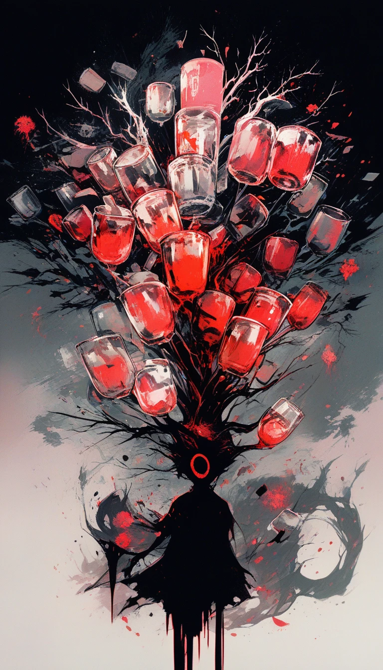 Creatura d’ombra surreale che si trasforma nella silhouette di un albero di alcol