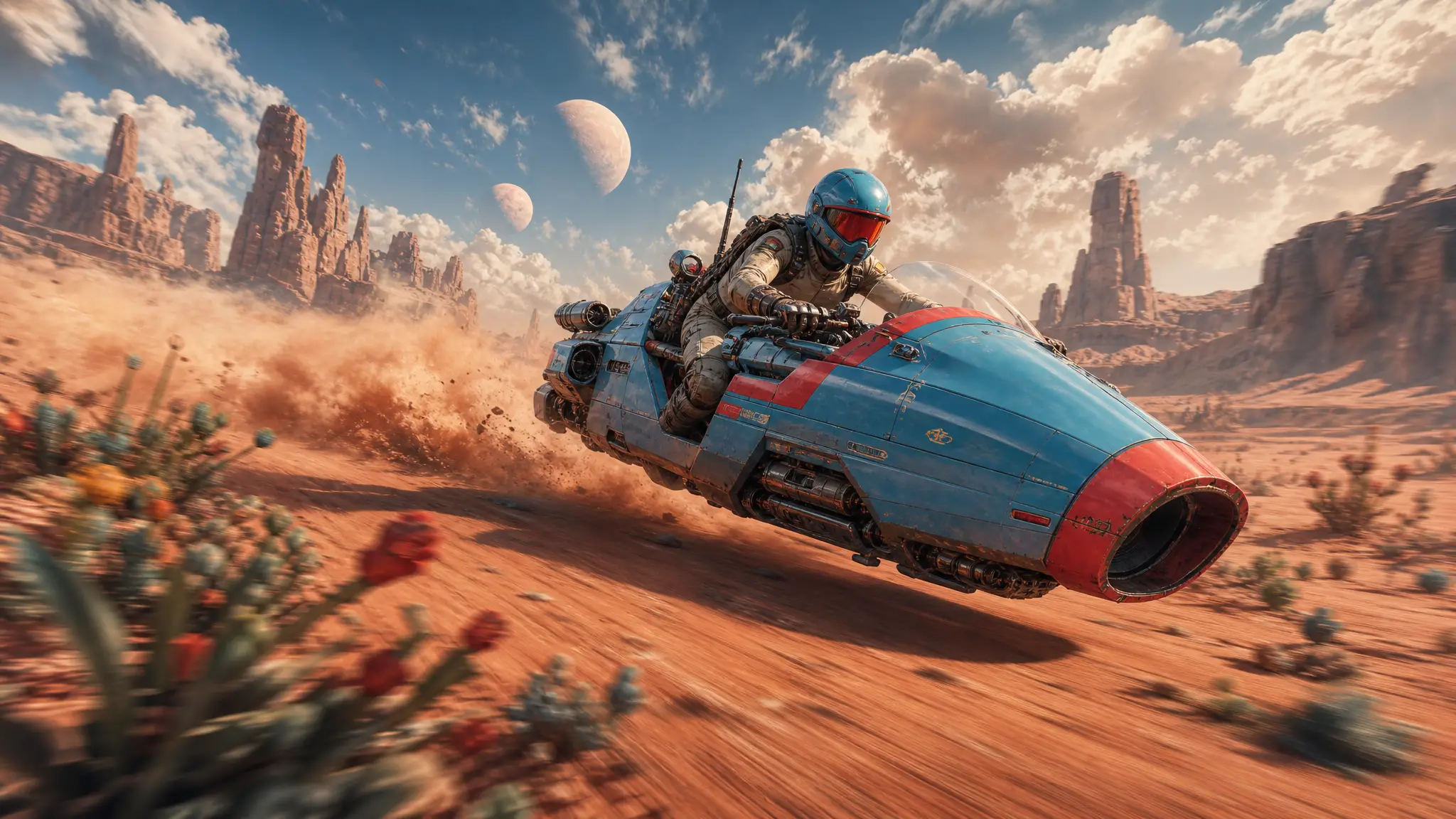 Futuristic land speeder racing through an alien desert