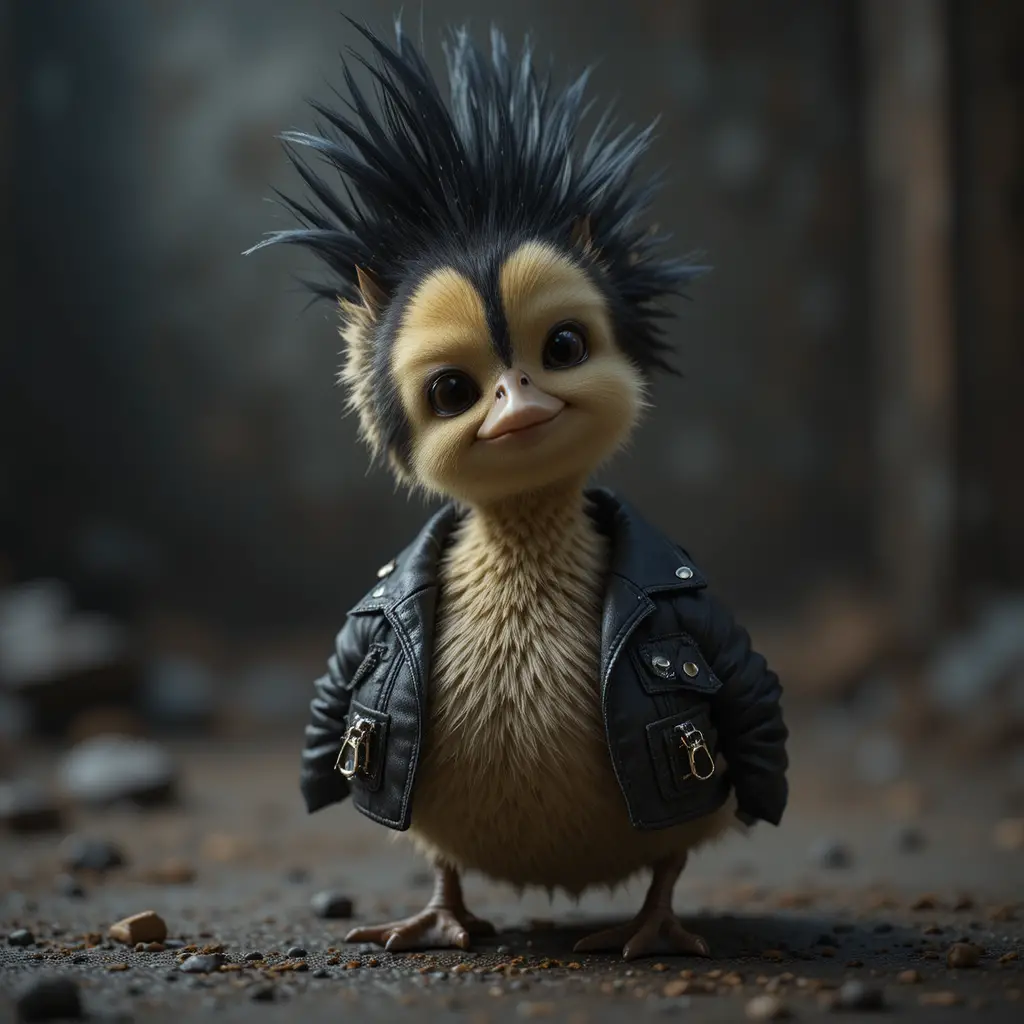 Cute duckling in leather biker jacket with rocker hair