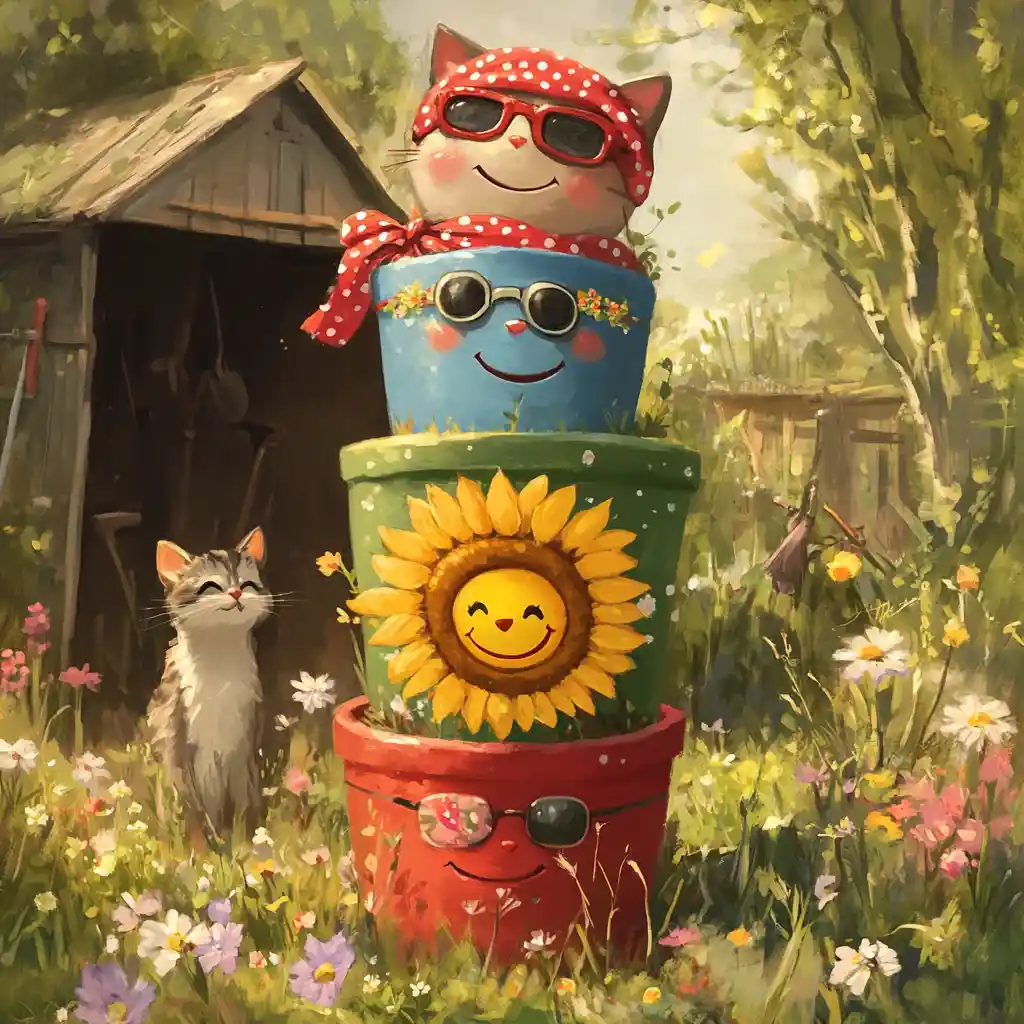 Colorful flower pots and curious cat in sunny garden