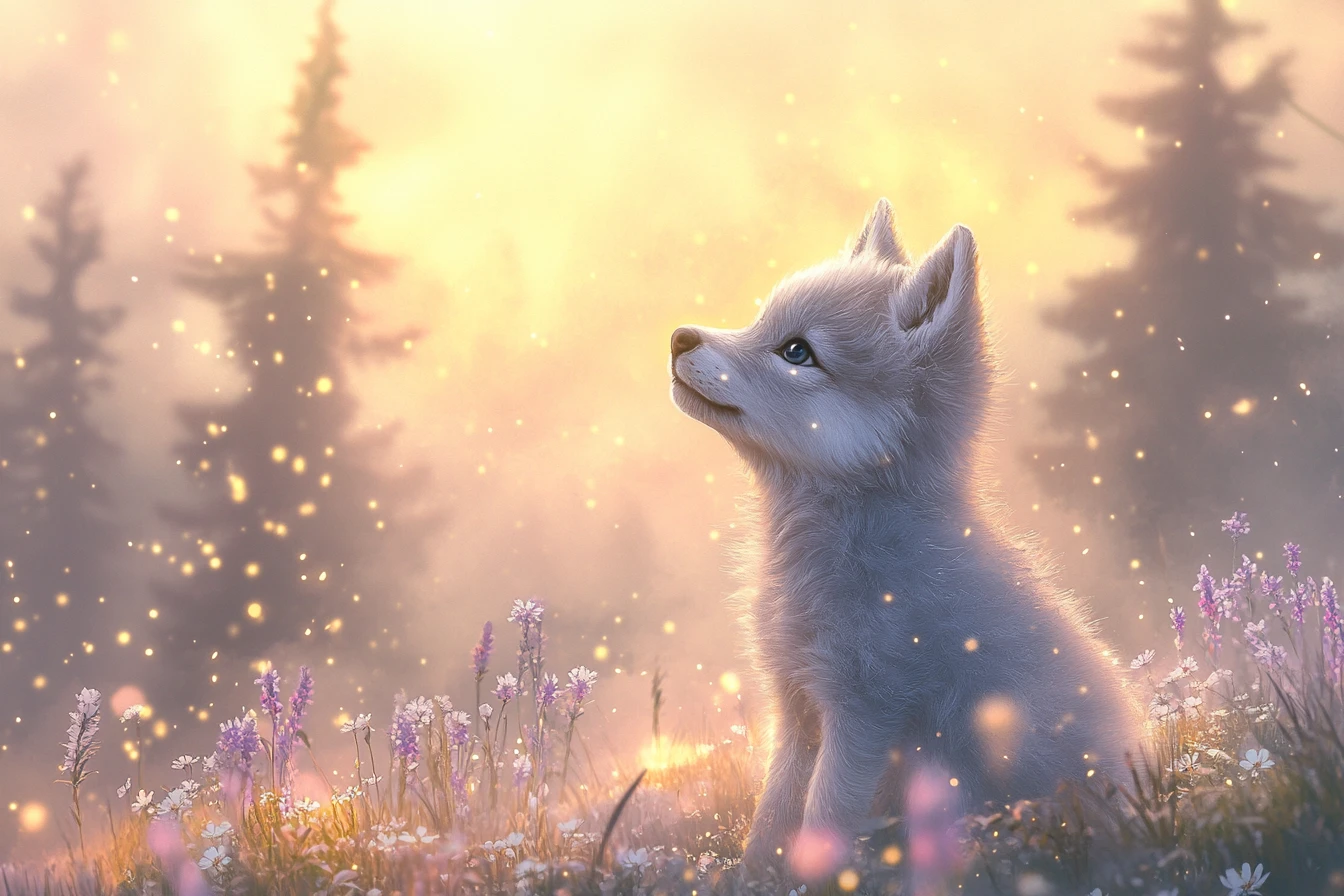 Filhote de lobo‑cinzento em prado de flores silvestres brilhantes