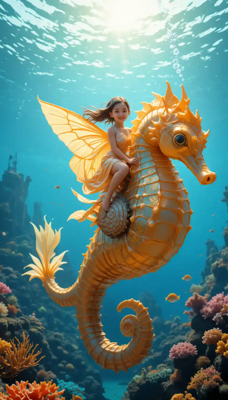 Fillette joyeuse chevauchant un hippocampe colossal sous l’eau