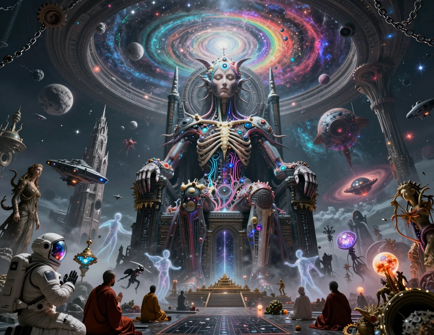 Planet sized biomechanical deity in a collapsing artificial universe