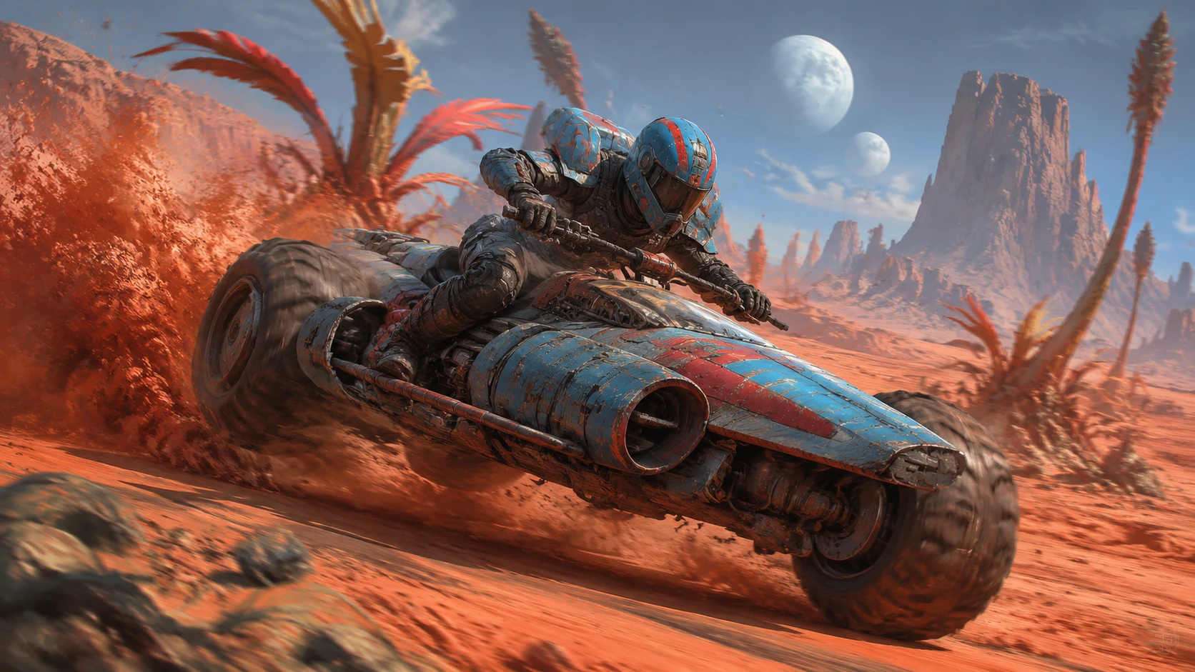 Cavalier filant à travers un désert alien à bord d’un landspeeder bleu