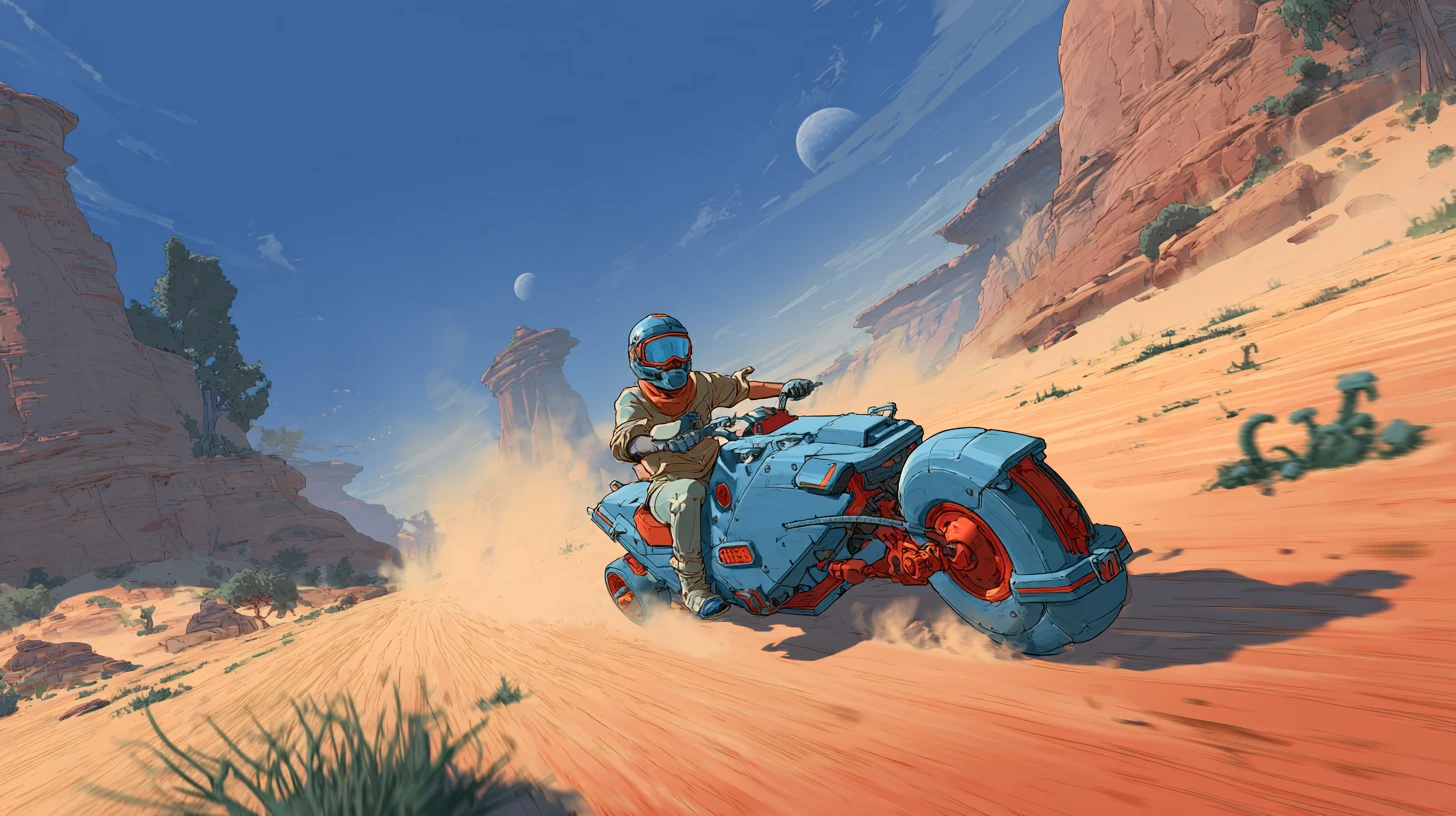 Futuristic speeder racing through an alien desert landscape