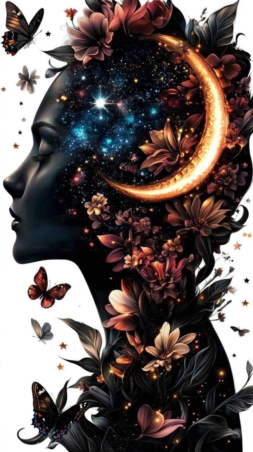Silhueta feminina floral com elementos botânicos celestiais