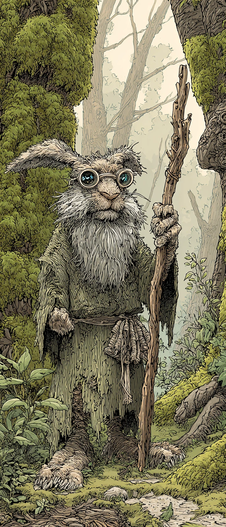 Elderly wizard rabbit in a mystical ancient forest