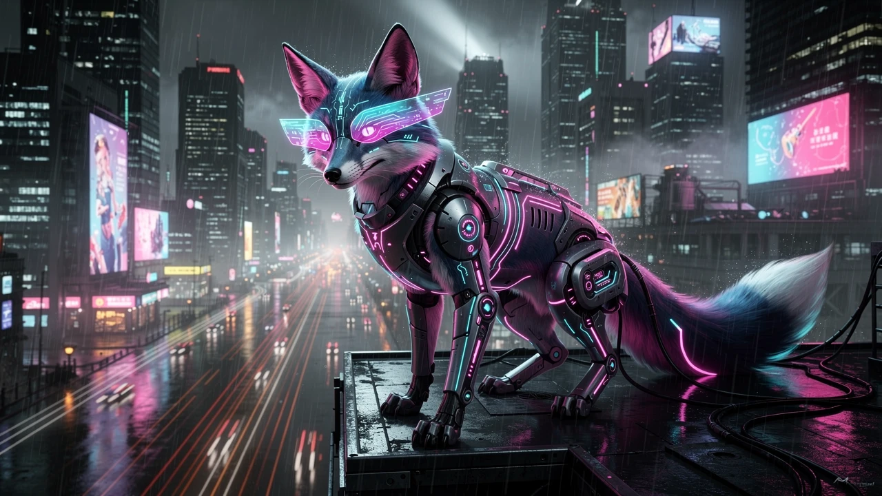 Renard cybernétique sur toit au néon dans une ville cyberpunk pluvieuse