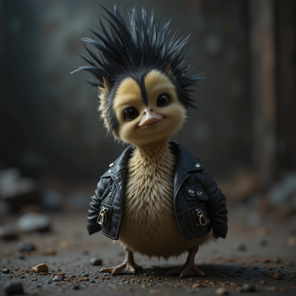 Patinho fofo com jaqueta de couro biker e cabelo de rockeiro