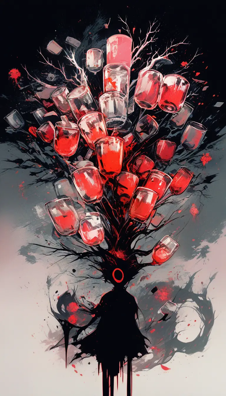 Creatura d’ombra surreale che si trasforma nella silhouette di un albero di alcol