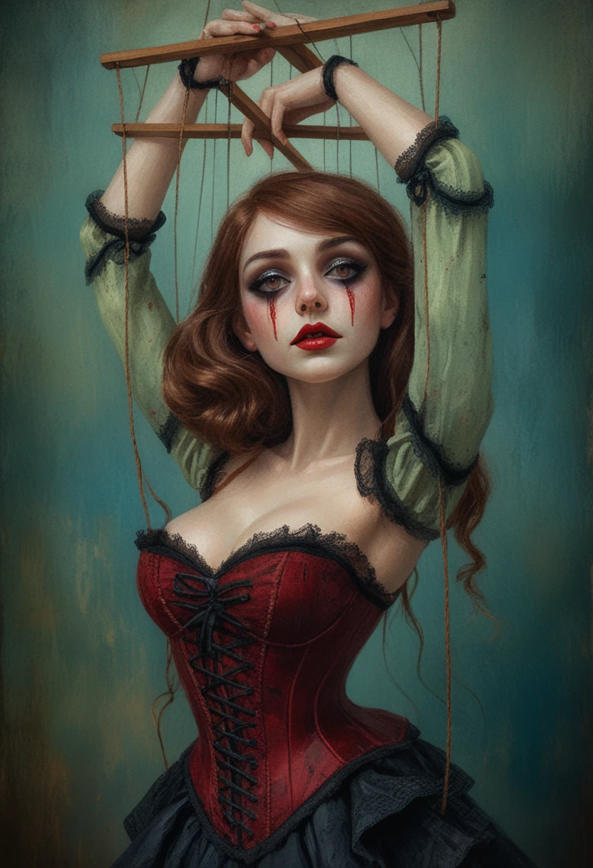Marionette woman with auburn hair in cinematic fantasy portrait