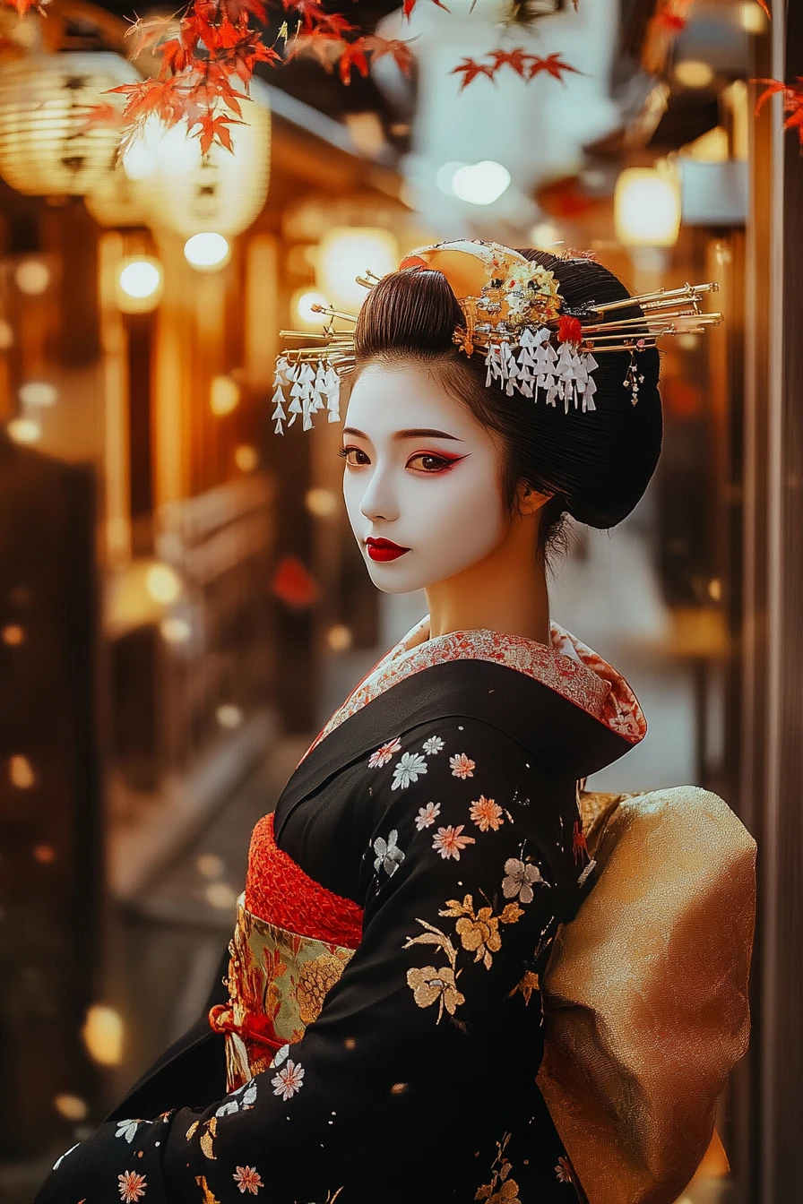 Retrato onírico de uma gueixa em cidade japonesa surreal