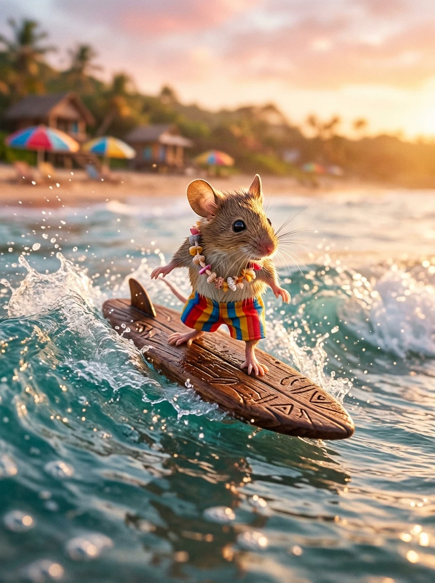 Ratinho surfando em uma prancha de madeira nas ondas de verão