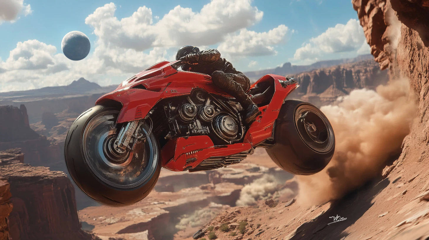 Motocicleta futurista vermelha saltando sobre um deserto alienígena