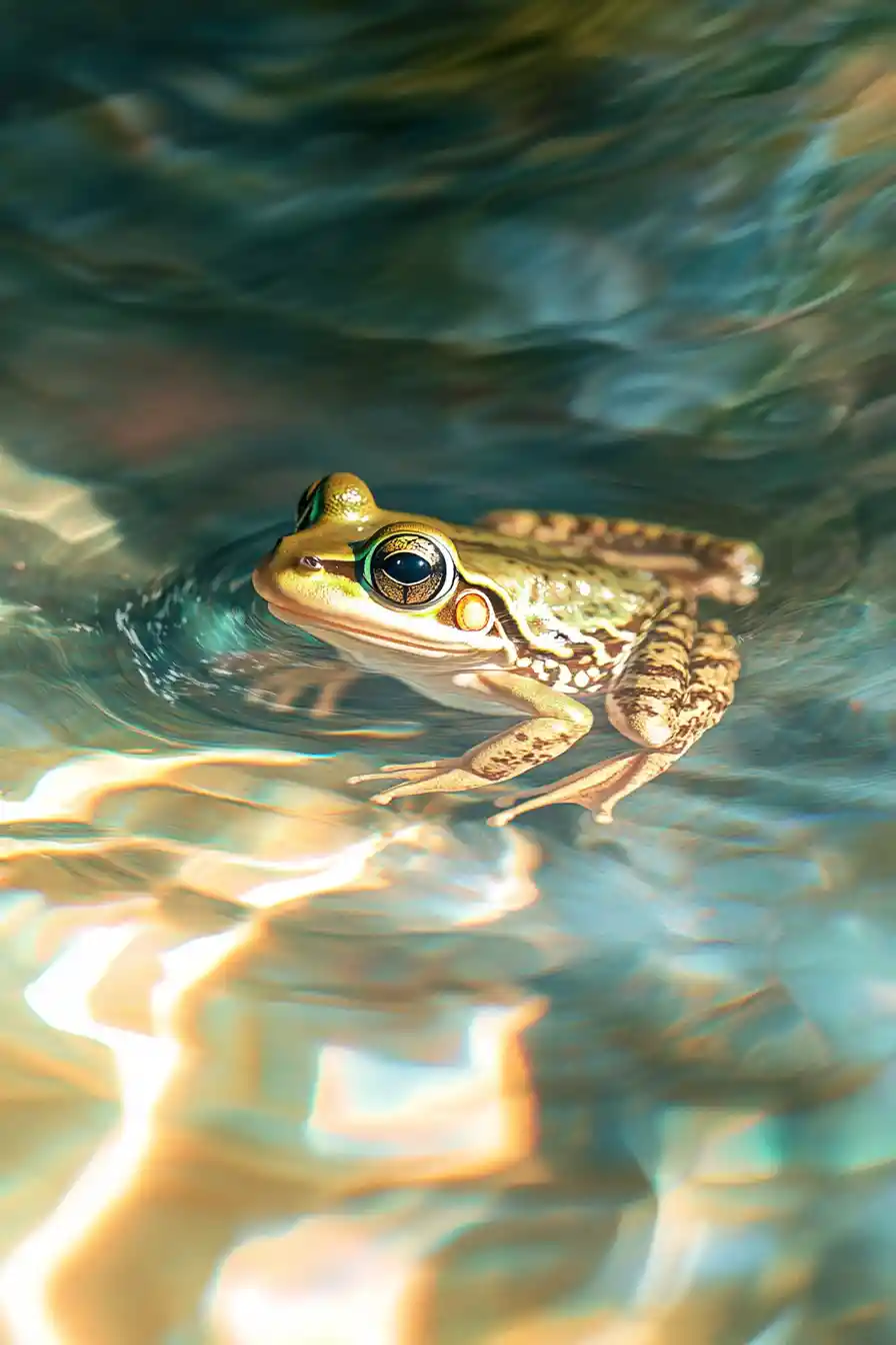 Small Frog Above Glowing Layered Pond Ecosystem