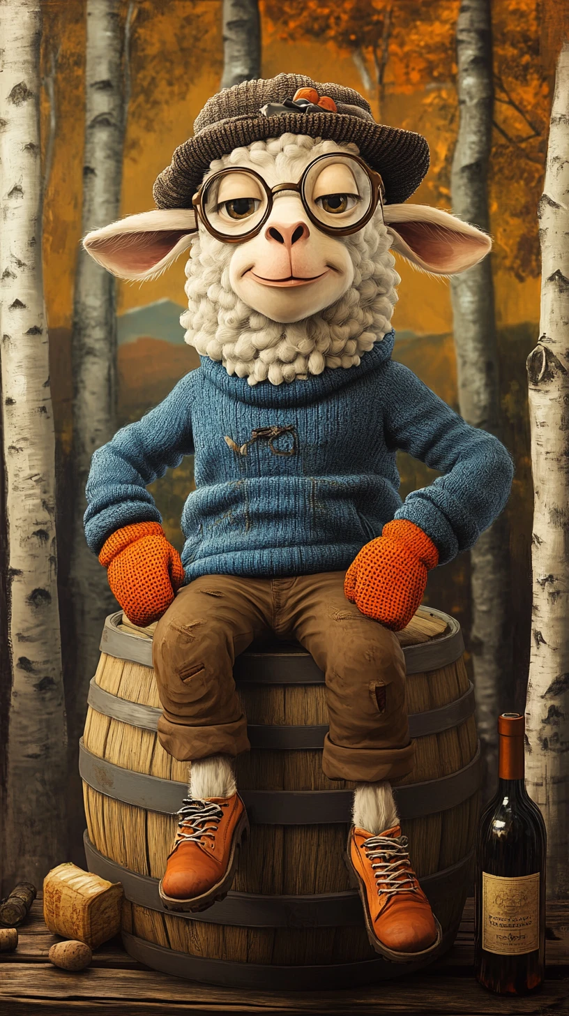 Happy cartoon sheep sitting on a wine barrel in forest
