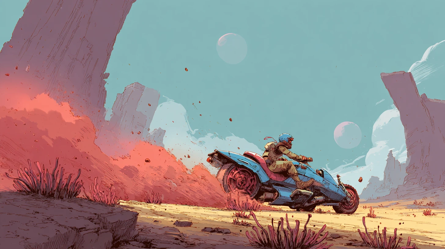 Daring rider racing a blue speeder through alien desert