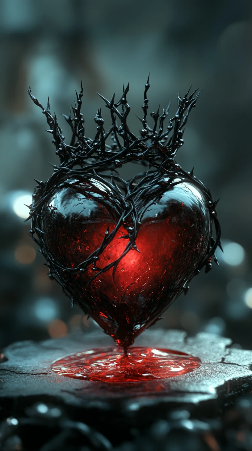 Cœur en verre sombre avec couronne d'épines et lueur rouge