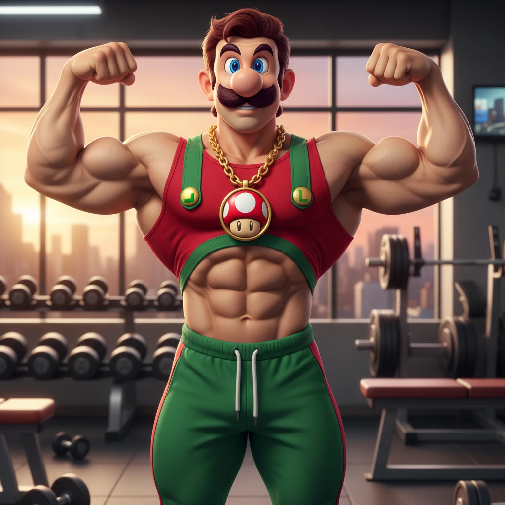 Homem musculoso flexionando na academia com sorriso confiante