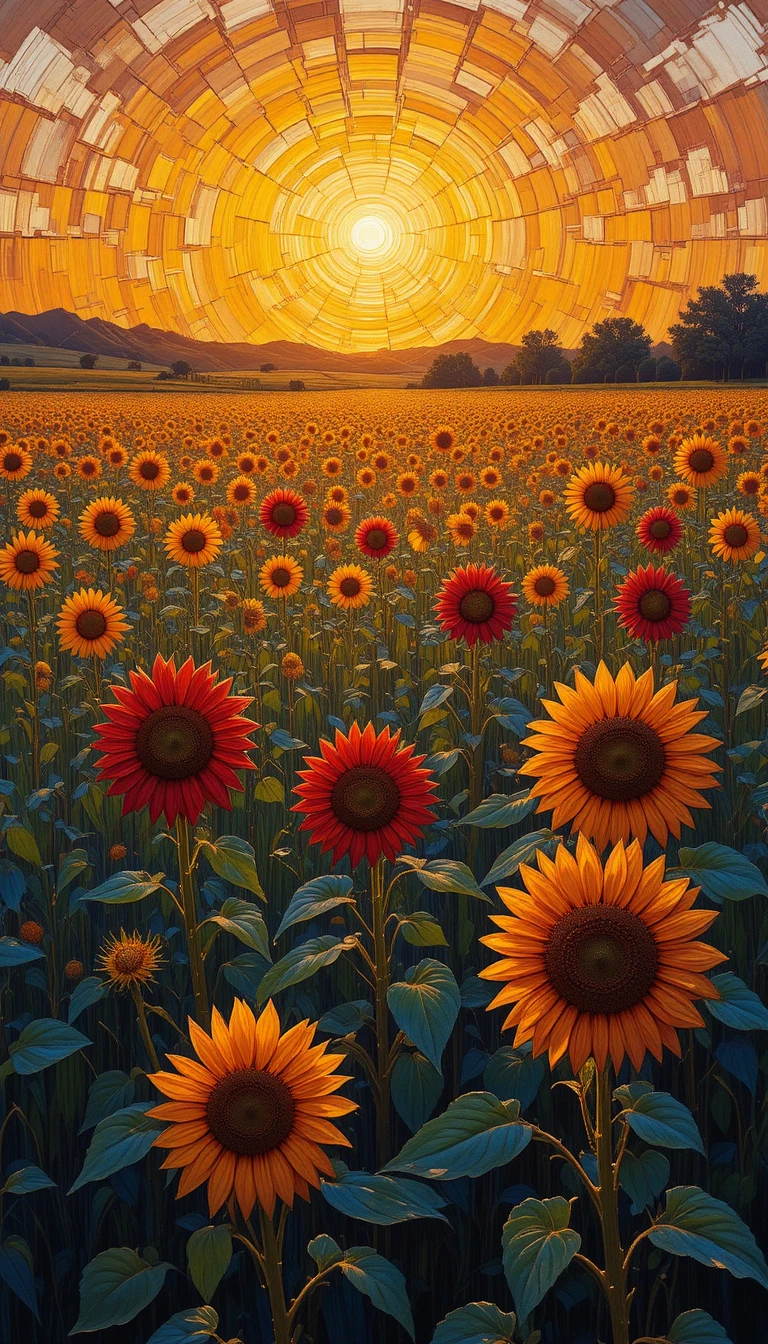 Girasoles rojos brillando en la cálida luz del amanecer de mediados de verano