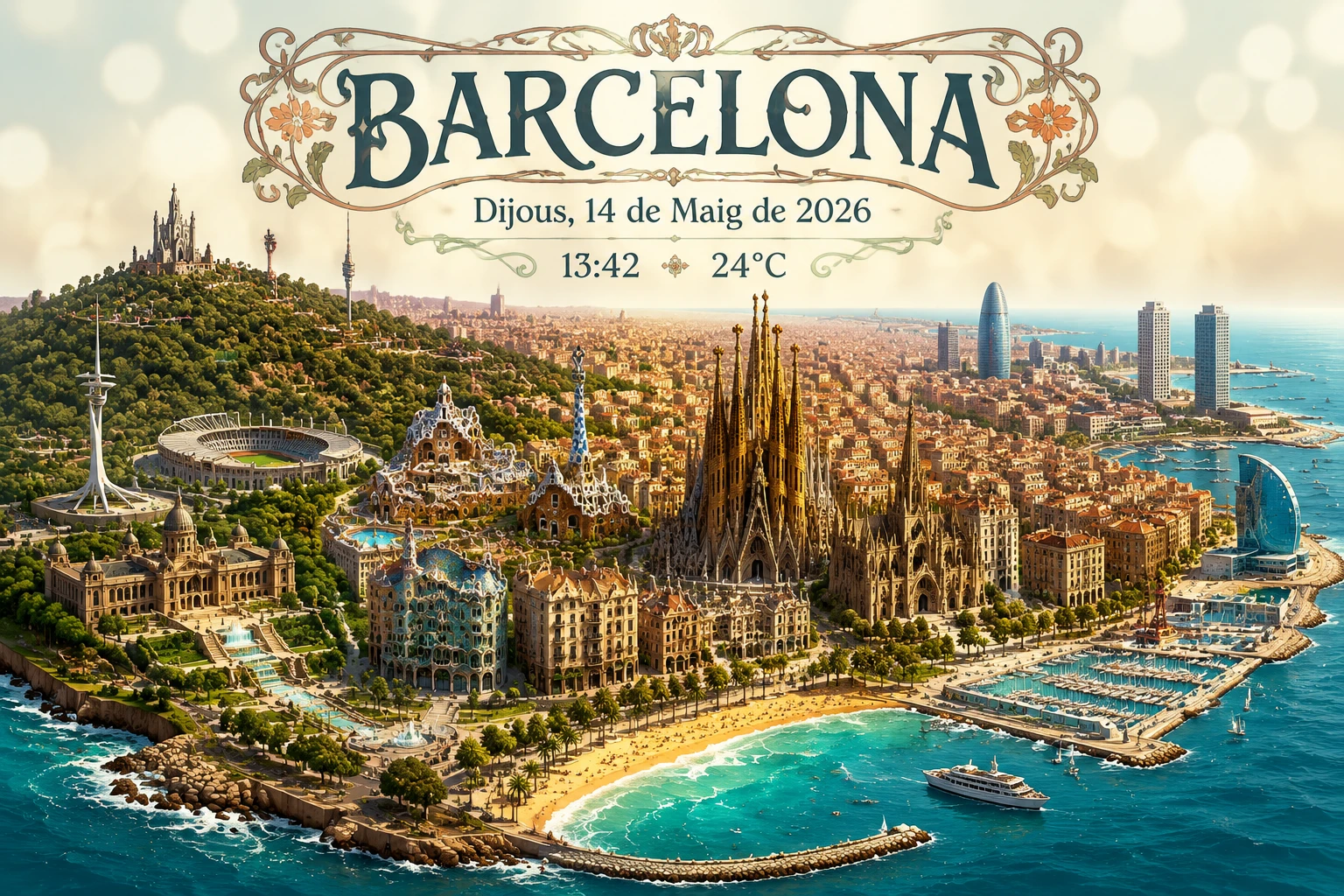 Veduta isometrica di Barcellona con monumenti e tipografia catalana