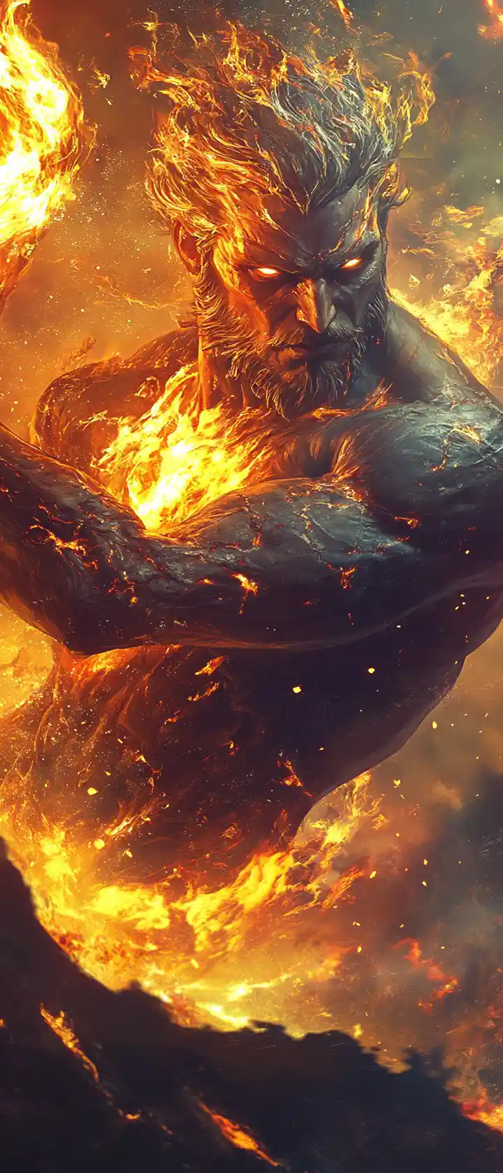 Fire god emerging from erupting volcano in dark fantasy scene