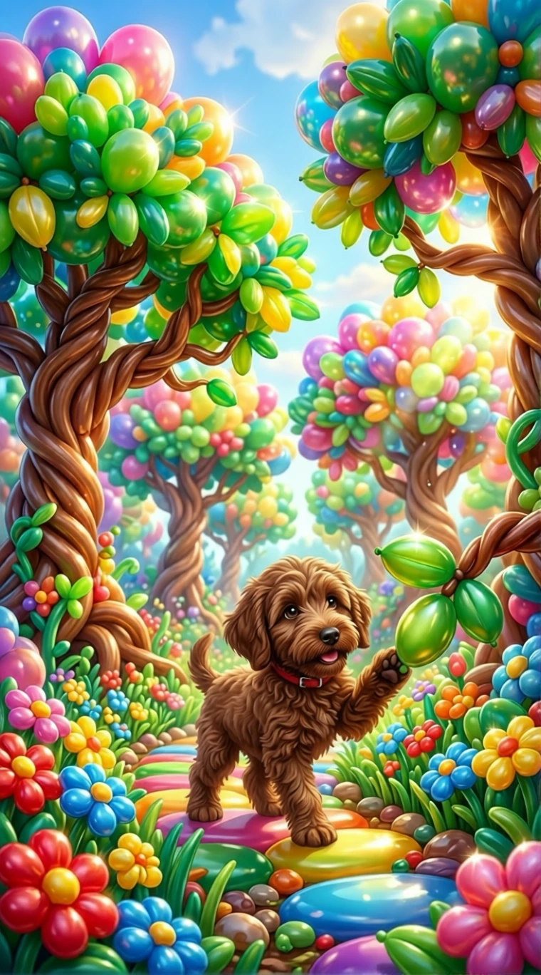 Cute poodle puppy walking through a colorful balloon forest