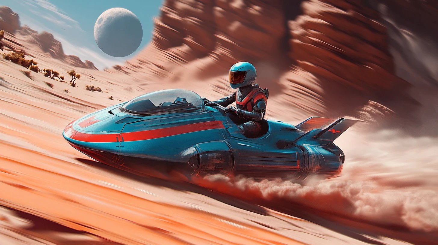 Speeder futurista correndo por um deserto alienígena dramático