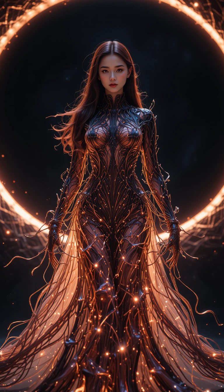 Mulher coreana em um vestido de metal líquido em um buraco negro