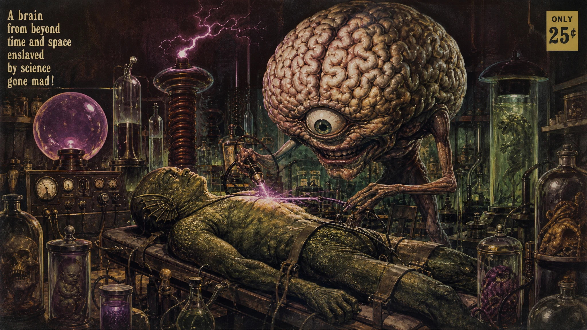 Monstro Cerebral Gigante de Um Olho em um Laboratório Gótico