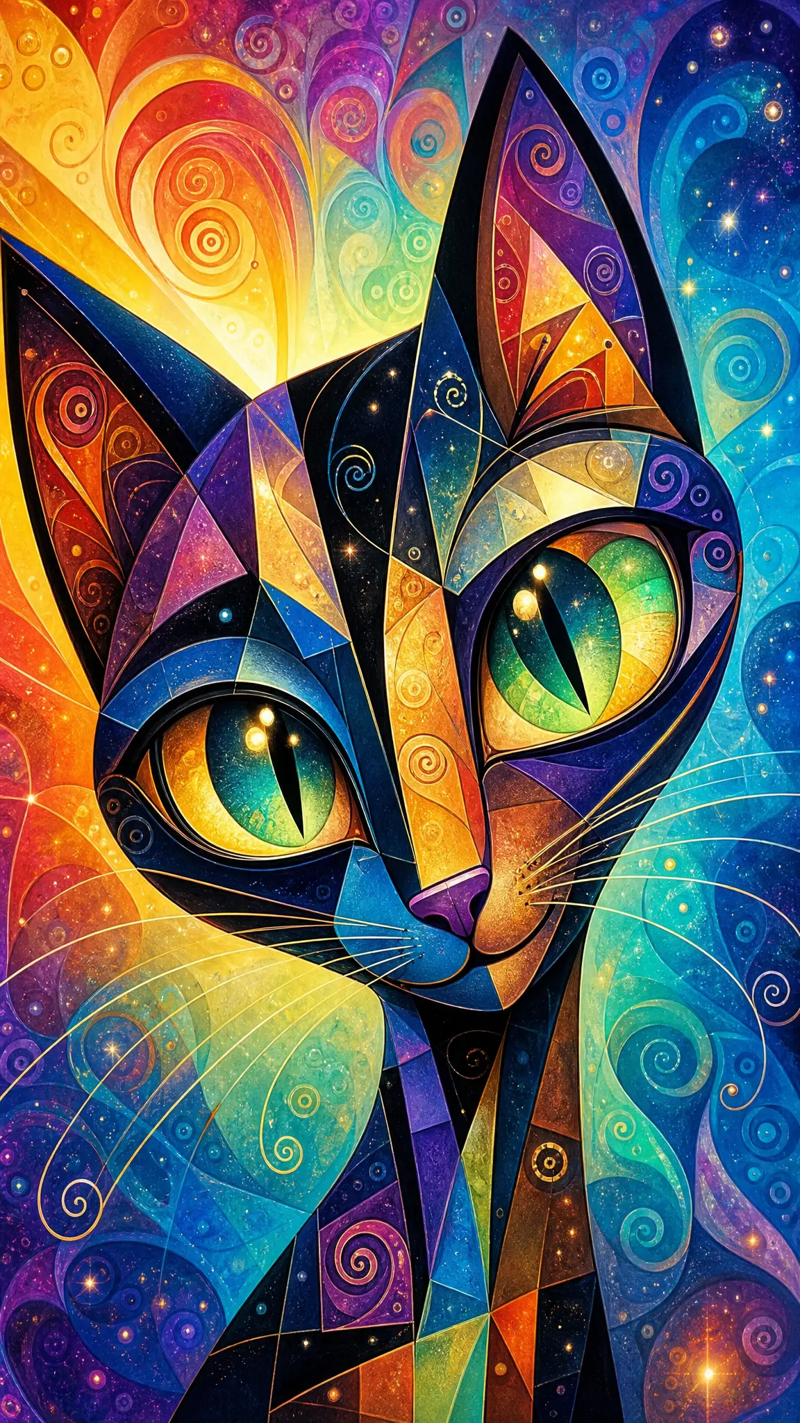 Chat noir cubiste en gros plan avec arrière-plan arc-en-ciel ludique
