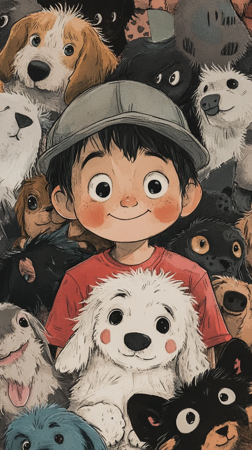 Watercolor boy with fluffy white dog and plush toys