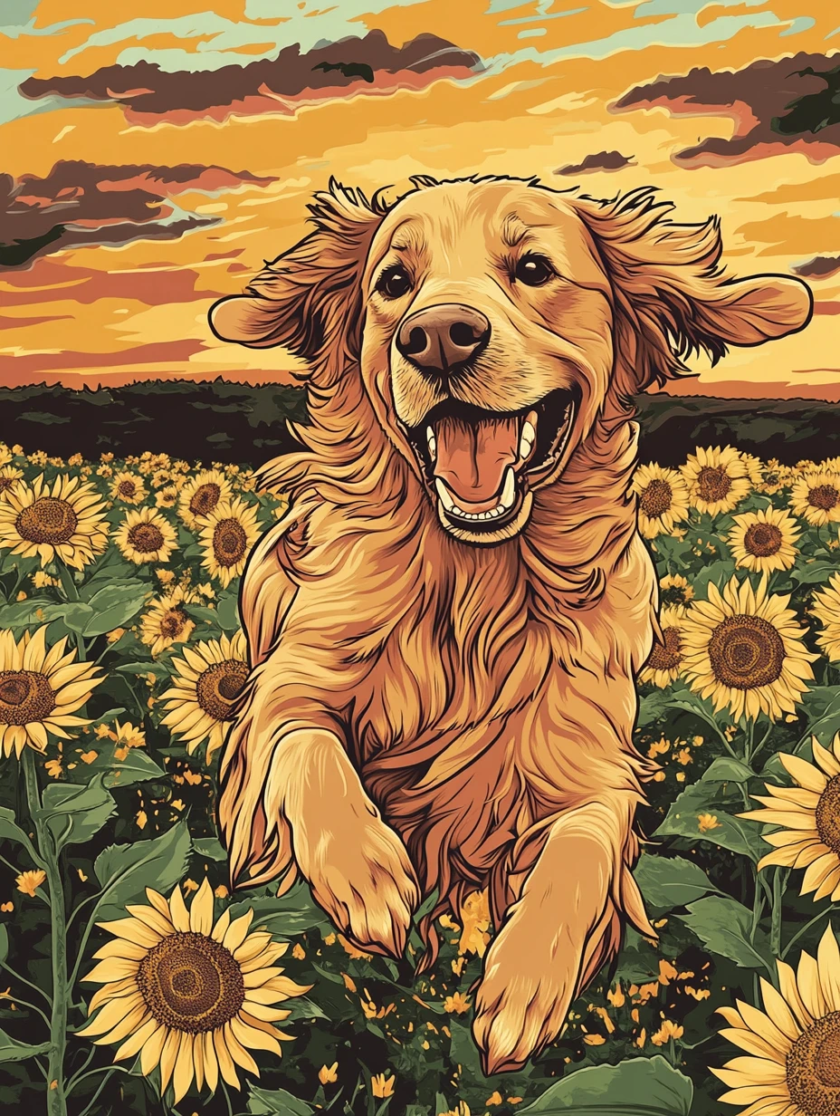 Golden retriever correndo por um campo de girassóis em tons pastéis
