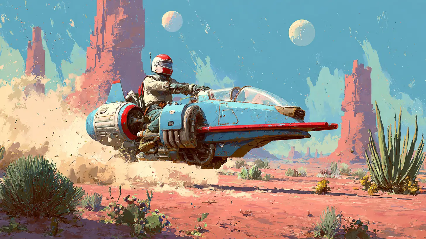 Blue sci fi landspeeder racing across alien desert