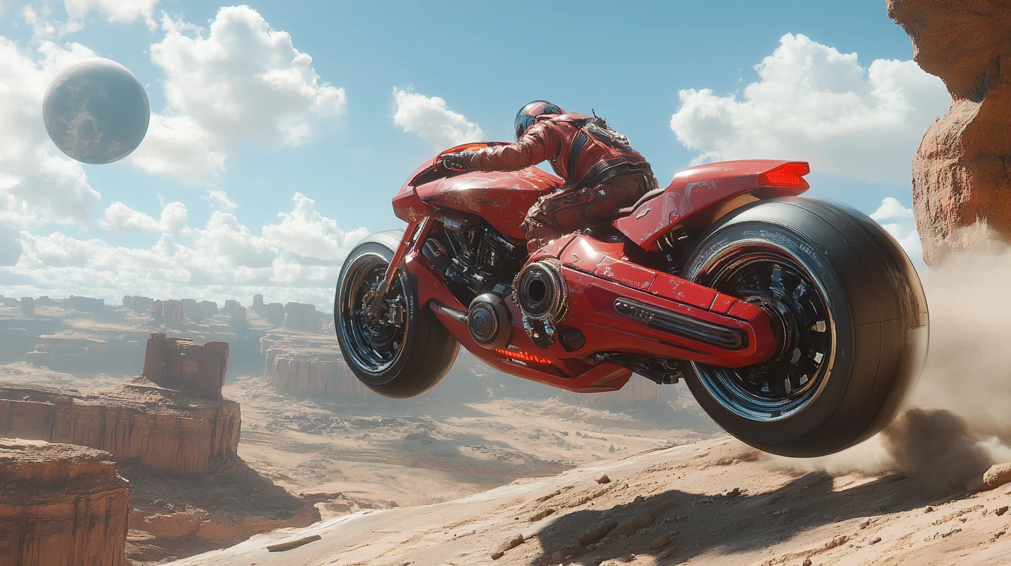 Futuristisches rotes Motorrad springt über außerirdische Wüstenschlucht