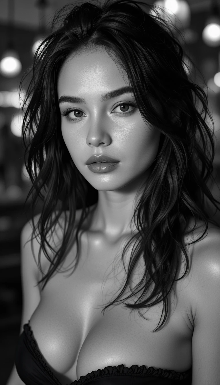 Portrait en noir et blanc atmosphérique d’une femme en intérieur