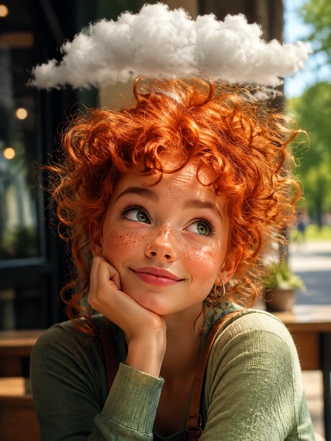 Retrato de garota ruiva dos sonhos com nuvem branca flutuante